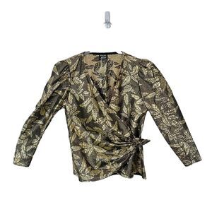 Gold Leaf Blouse Semi Sheer Rob Hill for Mr Jay Gold Wrap Button Evening S or M